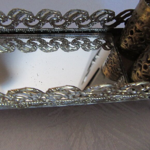 This is a vintage vanity tray with a mirror and lipstick holders. - Picture 7 of 13